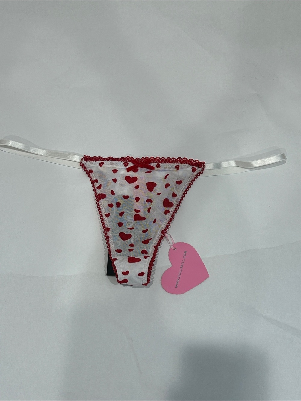 Dollls kill sugar Thrillz Sheer mesh White & Red velvet Heart Print Thong xl new